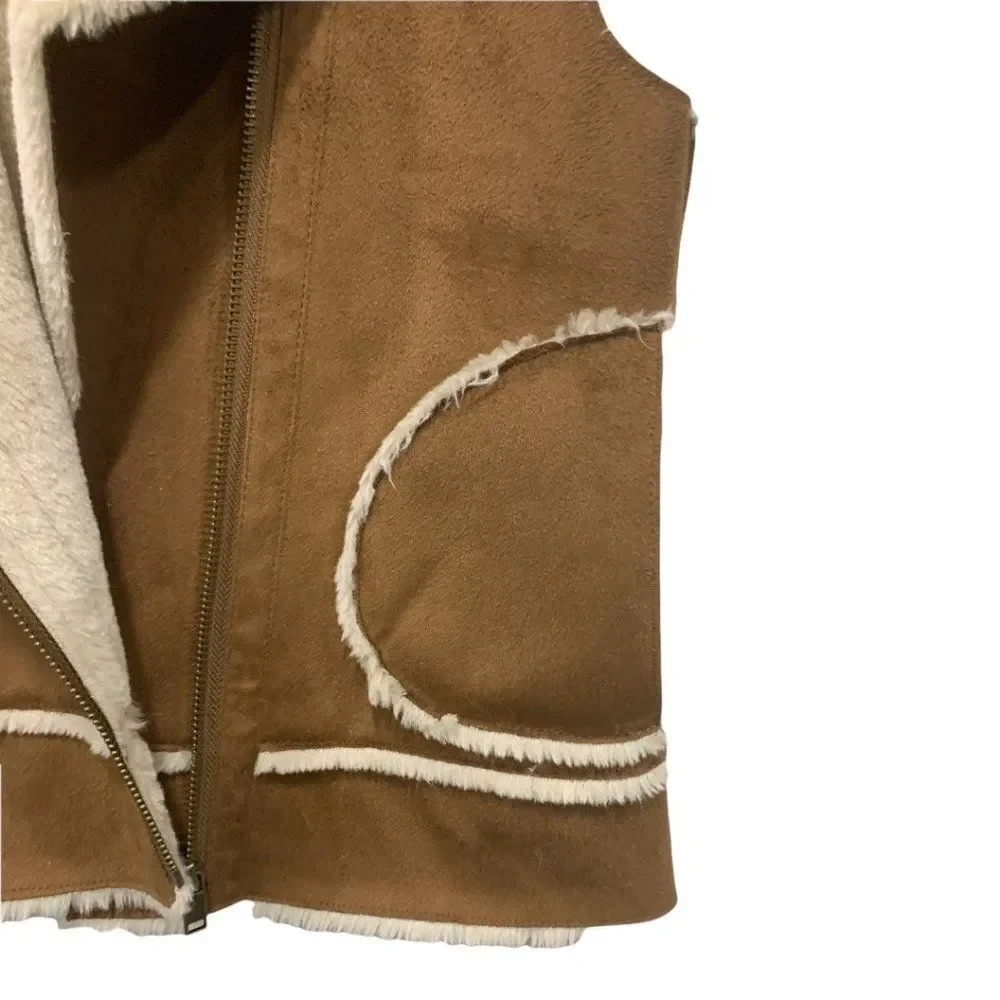 Zara Girls Size 9 / 10 140 cm Faux‎ Suede Shearling Vest Tan Zip Closure
